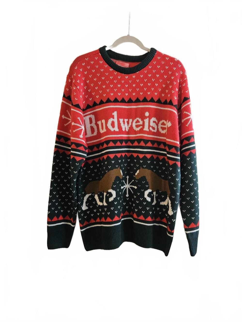 Budweiser Clydesdale Festive Ugly Christmas Sweater Red & Black Acrylic Knit XL